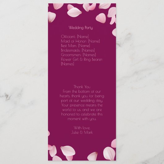 Romantisches Hochzeitsfeierprogramm Programm (Rückseite)