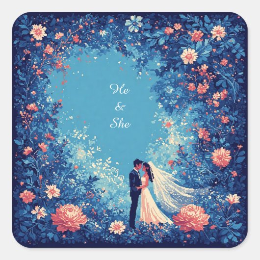 Romantisches Hochzeitskaffee im Blumengarten Quadratischer Aufkleber (Vorderseite)