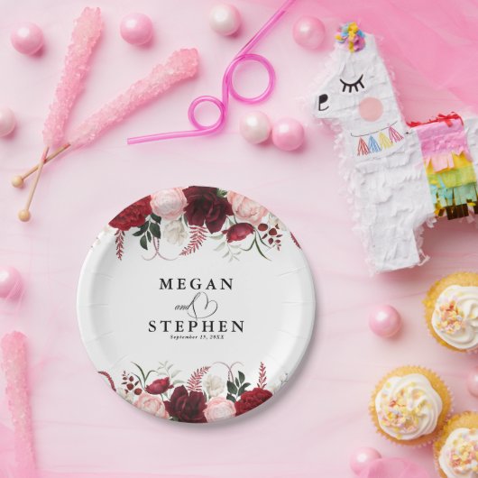 Romantisches Hochzeitspapier "Watercolor Burgund" Pappteller (Party)