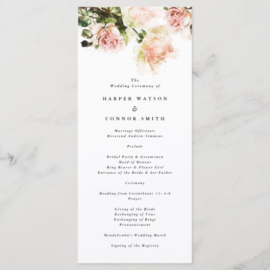 Romantisches Hochzeitsprogramm für Elegante Rose Programm (Vorderseite)