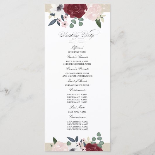 Romantisches Hochzeitsprogramm für Florals Programm (Rückseite)