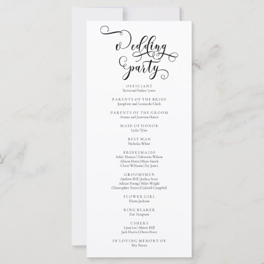 Romantisches Hochzeitsprogramm für Kalligrafie (Rückseite)