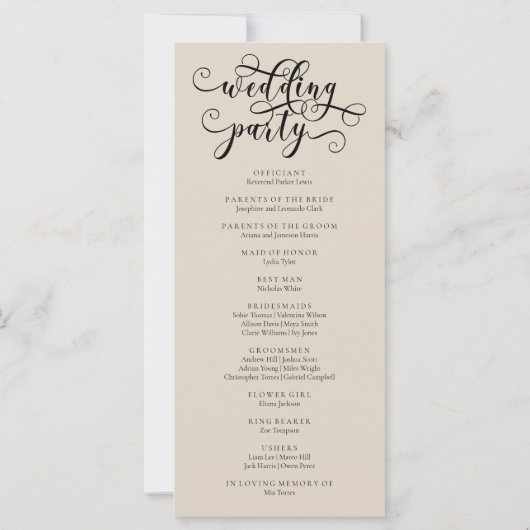 Romantisches Hochzeitsprogramm für Kalligrafie (Rückseite)