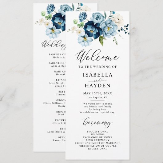 Romantisches Hochzeitsprogramm für Navy Blue Flora Programm (Vorne/Hinten)