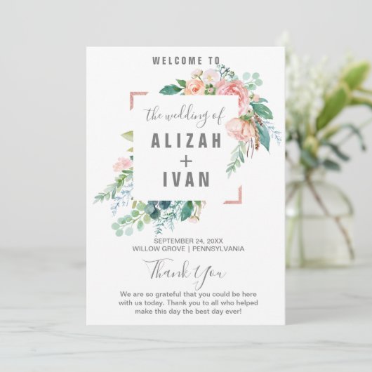 Romantisches Hochzeitsprogramm für Peony Blume Programm (Stehend Vorderseite)