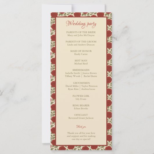 Romantisches Hochzeitsprogramm für Rote Rosen (Rückseite)