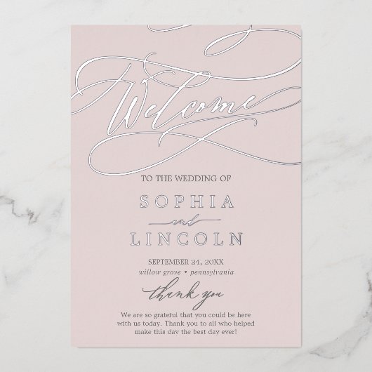 Romantisches Hochzeitsprogramm für Silberstreifen Folieneinladung (Vorderseite)