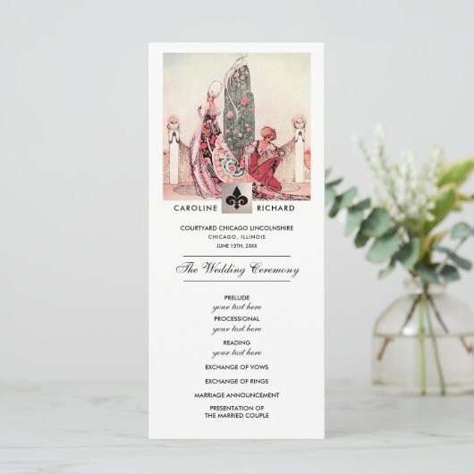 Romantisches Hochzeitsprogramm für Vintage Kunst Programm (Stehend Vorderseite)