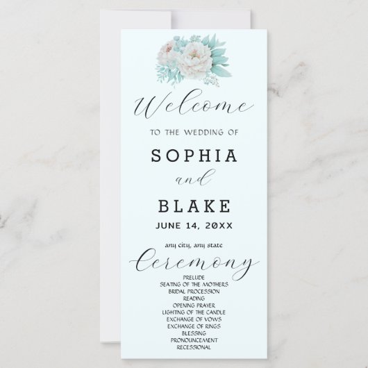 Romantisches Hochzeitsprogramm für Weißblütenblüte (Vorderseite)