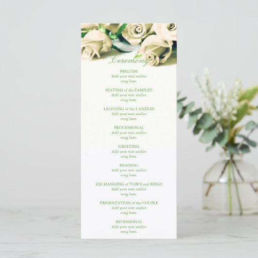 Romantisches Hochzeitsprogramm für Weißrosen Programm (Stehend Vorderseite)