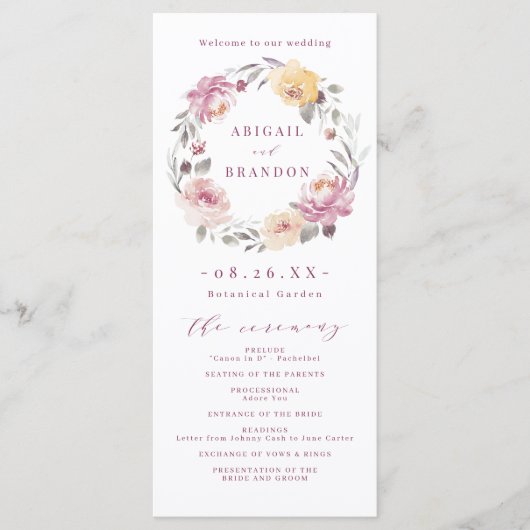 Romantisches Hochzeitsprogramm in Lila Programm (Vorderseite)