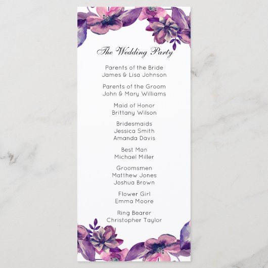 Romantisches Hochzeitsprogramm. Lila Blumenzeremon Programm (Rückseite)