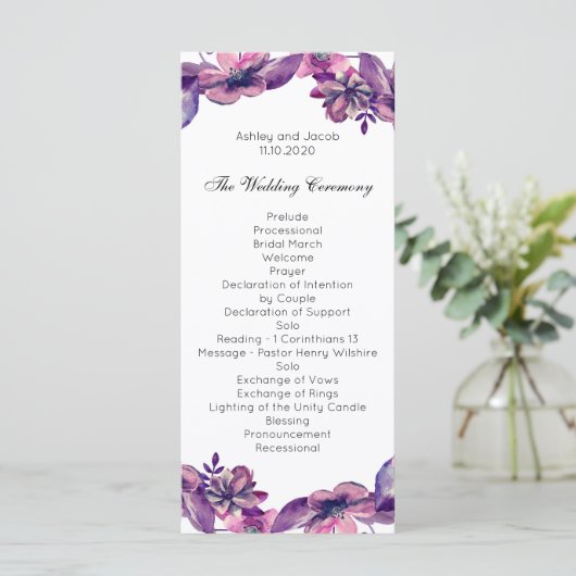 Romantisches Hochzeitsprogramm. Lila Blumenzeremon Programm (Stehend Vorderseite)