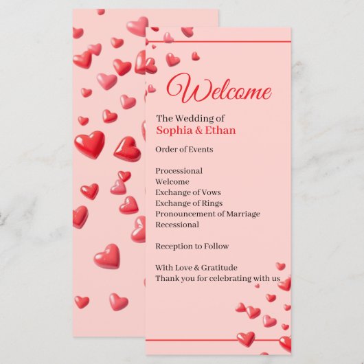 Romantisches Hochzeitsprogramm mit roten Herzen (Vorne/Hinten)