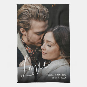 Romantisches Hochzeitssemble, Liebe, Namen und Dat Geschirrtuch
