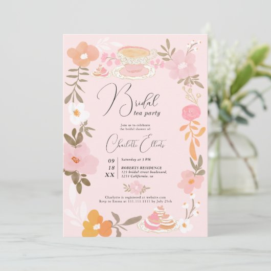 Romantisches Hübsches Blumentee Party Brautparty Einladung (Stehend Vorderseite)