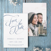 Romantisches kalligrafisches Dusty Blue Wedding Fo Save The Date