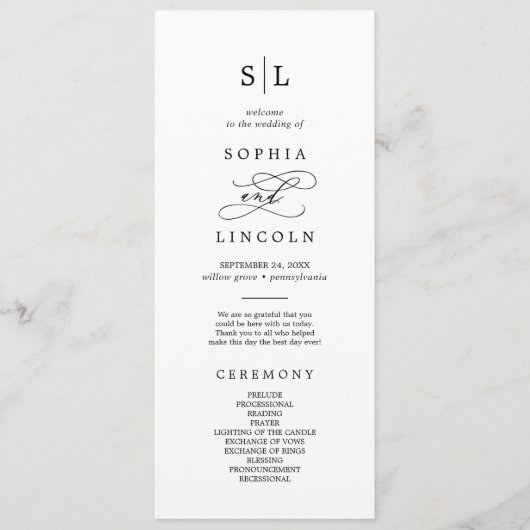 Romantisches kalligrafisches Mongram-Hochzeitsprog Programm (Vorderseite)