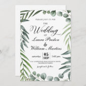 Romantisches Kalligraphie-Grün verlässt Hochzeit Einladung (Vorne/Hinten)