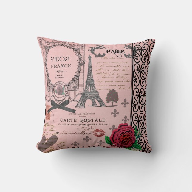 Romantisches Kissen Vintager rosa Paris-Collage (Vorderseite)