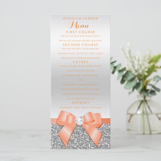Romantisches Korallenbrot & Silberner Glitzer Hoch Menükarte (Stehend Vorderseite)