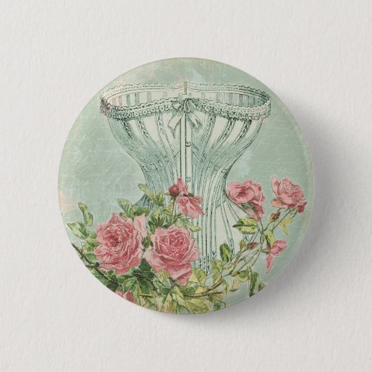 Romantisches Korsett-Vintage rosa Rosen-Minze Button (Vorderseite)