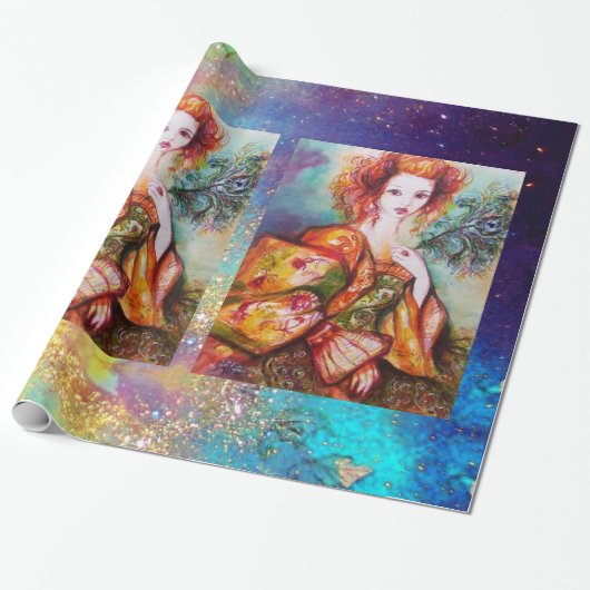 ROMANTISCHES LADY MIT PEACOCK FEATHER GESCHENKPAPIER (Ungerollt)