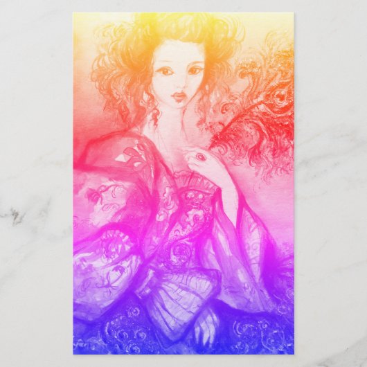 ROMANTISCHES LADY MIT PEACOCK FEATHER Pink Blue Briefpapier (Vorderseite)