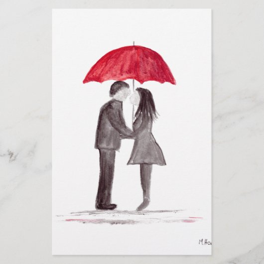 Romantisches Liebe-Paar mit rotem Schirm Briefpapier (Vorderseite)
