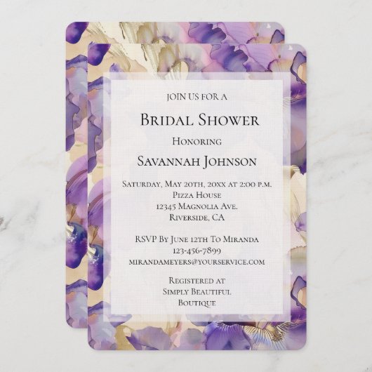 Romantisches Lila Gold Iris Brautparty Einladung (Vorne/Hinten)