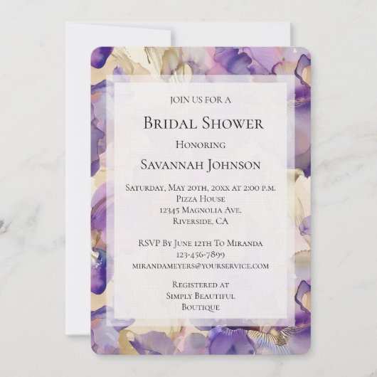 Romantisches Lila Gold Iris Brautparty Einladung (Vorderseite)