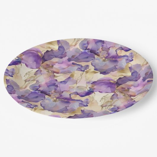 Romantisches Lila Gold Iris Brautparty Pappteller (Schrägansicht)