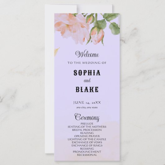 Romantisches Lila Hochzeitsprogramm mit rosa Rosen (Vorderseite)