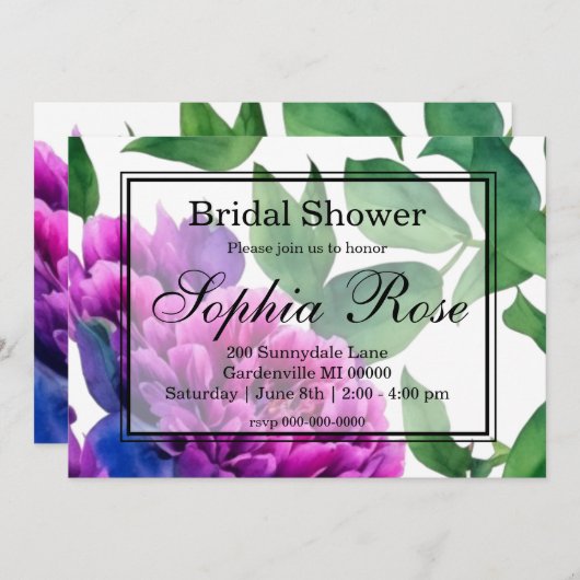 Romantisches lila rosa blumengeschmücktes BRAUTPAR Einladung (Vorne/Hinten)