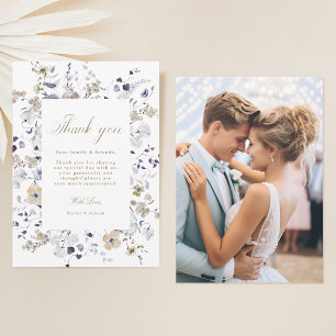 Romantisches lila weiß goldenes Blumen Hochzeitsfo Dankeskarte