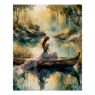 Romantisches Mädchen in einem Holzboot auf dem See Poster