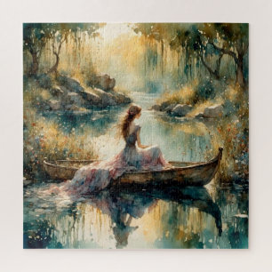 Romantisches Mädchen in einem Holzboot auf dem See Puzzle