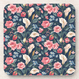 Romantisches Marineblau-Blumenmuster Getränkeuntersetzer