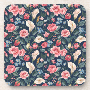 Romantisches Marineblau-Blumenmuster Getränkeuntersetzer