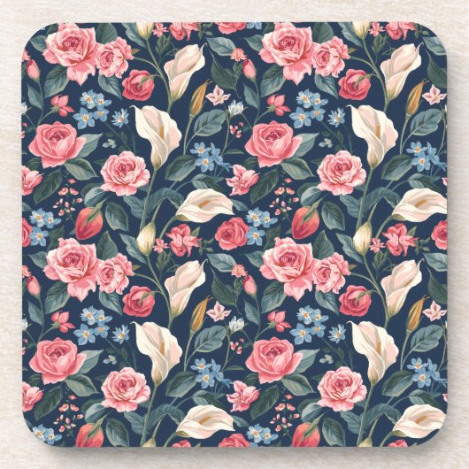 Romantisches Marineblau-Blumenmuster Getränkeuntersetzer (Vorderseite)