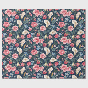 Romantisches marineblaues Blumenmuster Geschenkpapier