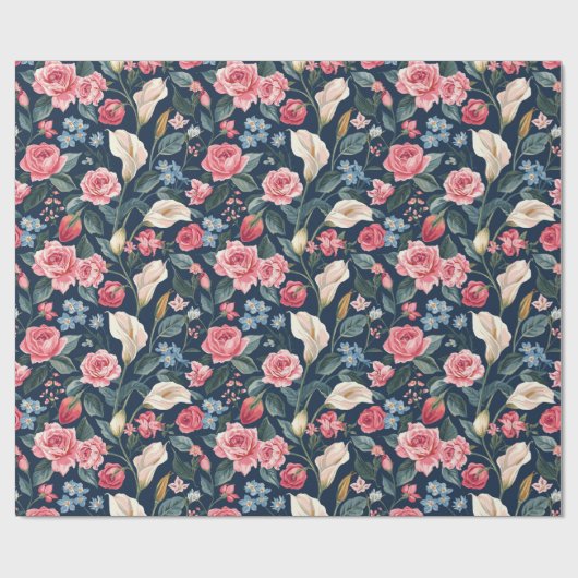 Romantisches marineblaues Blumenmuster Geschenkpapier (Flach)
