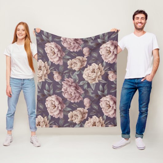 Romantisches Mauve-Pfingstrosen-Creme-Blumenmuster Fleecedecke (Beispiel)