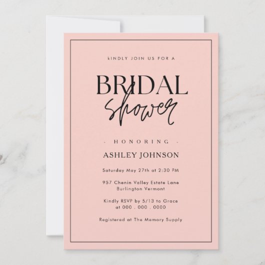 Romantisches Minimal-Script-Rosa-Brautparty Einladung (Vorderseite)