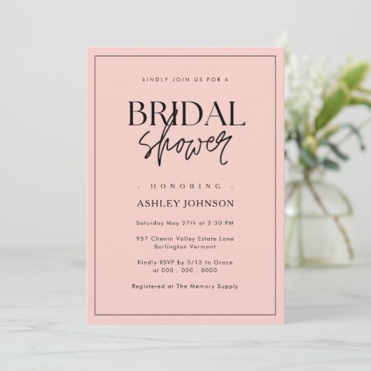 Romantisches Minimal-Script-Rosa-Brautparty Einladung (Stehend Vorderseite)