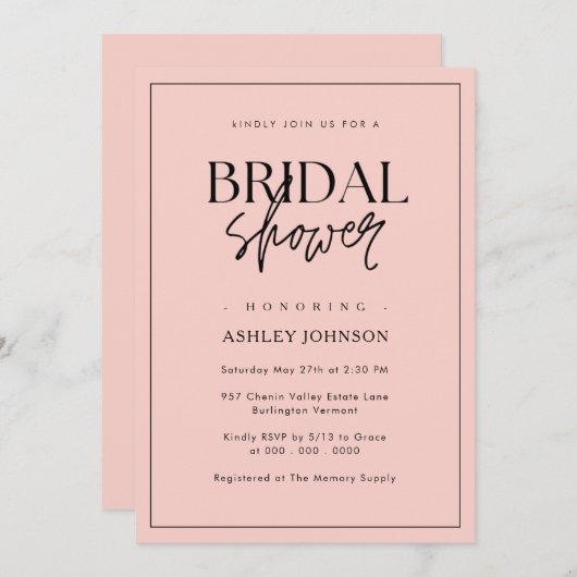 Romantisches Minimal-Script-Rosa-Brautparty Einladung (Vorne/Hinten)