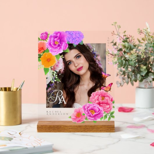 Romantisches Monogram Peonies Garden Foto Acrylschild (Hochzeit)