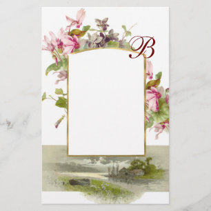 ROMANTISCHES MONOGRAMM / ZYKLAMEN, rosa grün weiß Briefpapier