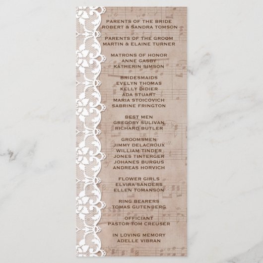 Romantisches Musikblatt & Hochzeitsprogramm Programm (Rückseite)