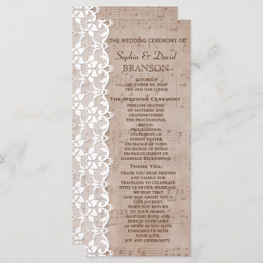 Romantisches Musikblatt & Hochzeitsprogramm Programm (Vorne/Hinten)